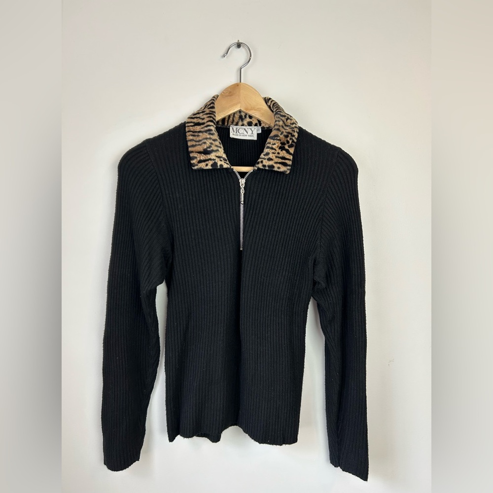 MCNY Vintage Half Zip Leopard Collar Sweater
